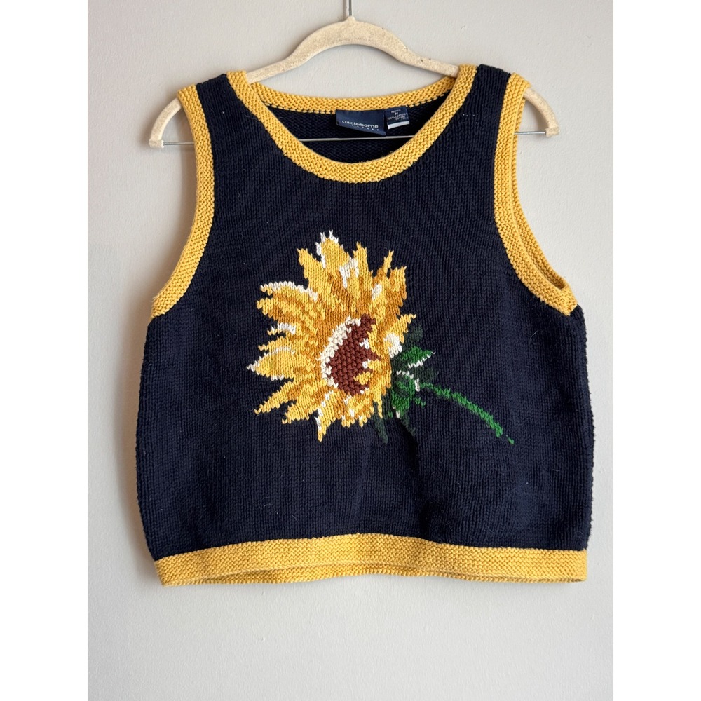 Liz Claiborne Liz Sport Sunflower Knit Sweater Vest Navy Yellow PM
